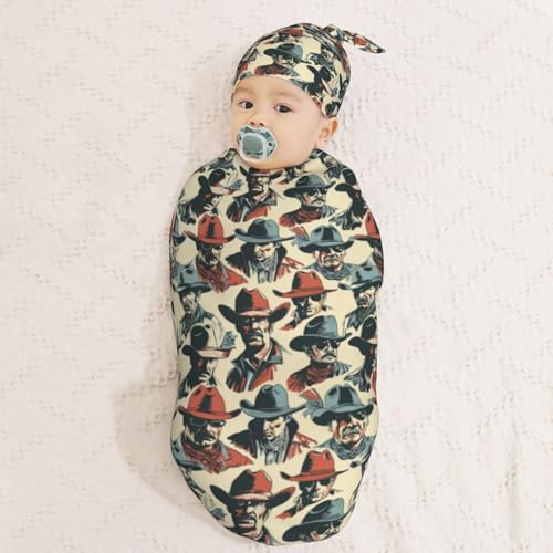 Image of Western Cowboys Wearing Sunglasses Newborn Swaddle Blankets Hat Sets Soft Baby Receiving Blanket Swaddle Sack for Baby Shower Infant Boy Girl Gift