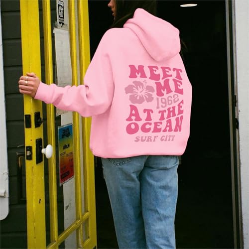 Lubpow Cute Pink Flower Hoodie for Woman Preppy Sweatshirts Trendy Puff Print Letter Graphic Hoodies Casual Pullover Tops(Pink,M)
