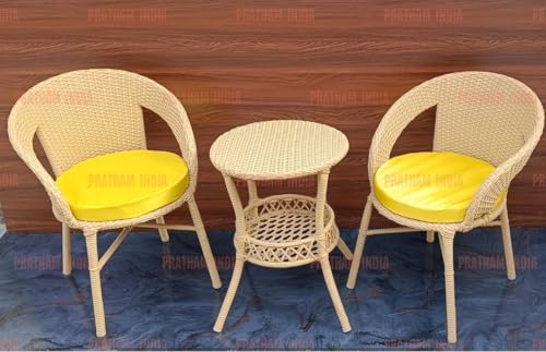 Image of PRATHAM India Outdoor 3 Pieces All Weather Wicker Patio Rattan Chair and Table Bistro Set with Powder Coated Iron Frame for Balcony, Garden, Poolside, Deck. (Honey + Yellow Cushion)