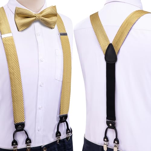 Image of Dubulle Suspender and Bow Tie for Men Paisley Solid Mens Suit Braces Pretied Bowtie and Handkerchief Cufflinks Formal Wedding
