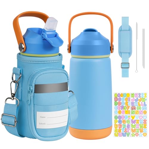 REDSHELL Kids Water Bottle with Carrier Bag, Stainless Steel Toddler Tumbler for School Boys Girls, 14oz Vacuum Insulated Jug with Sling Holder, Cute Sleeve Kid Cup with Straw Lid & Handle, Blue