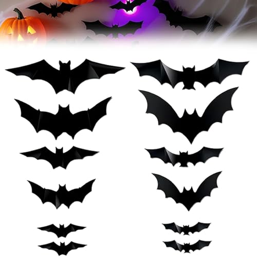 2025 New 3D Bats Halloween Wall Decor Halloween Bats Wall Decor 3D Bat Design LED Decoration Assorted Size for halloween Party Bedroom Window Decorations Indoor and Outdoor Home DecalsA set of 12