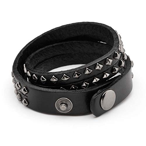 Zysta Men Women Double Row Studded Genuine Leather Punk Rock Gothic Biker 15Mm Wide Cuff Bracelet 14.5-15.5 Inches Adjustable Bangle Wristband Wrap #TOP2