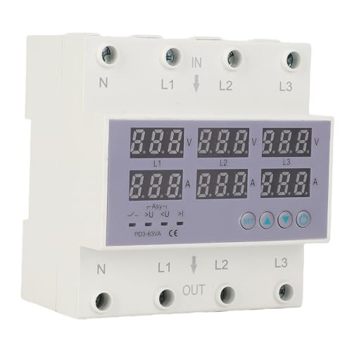 3 Phase DIN Rail Voltmeter Power Meter, AC 390‑500V Digital Ammeter Automatic Overvoltage Overcurrent Protector, 3 Phase Watt Kwh Amp Electricity Tester (63A)