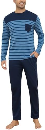 Irdcomps Schlafanzug Herren Lang Pyjama Baumwolle Nachtwäsche Gestreift | Rundhals Brusttasche Langarmshirt Schlafhose Elastischer Bund Kordelzug klassischer Zweiteiler Schlaf Frei