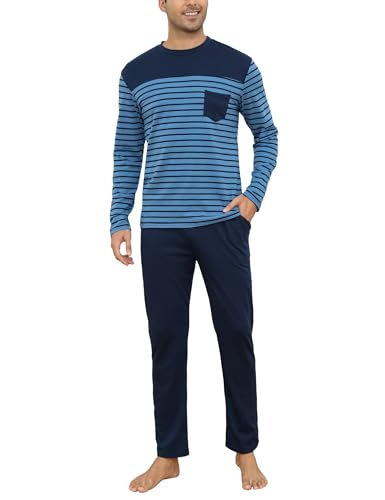 Irdcomps Pyjama Homme Hiver Coton Ensembles de Pyjamas à Rayures Chauds Manches Longues Col Rond Vêtements De Nuit Vêtements de Détente pour Hommes Deux Pièces Confortable Doux Bleu Ciel L