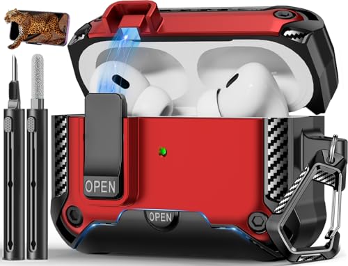 Image of for AirPods Pro 1st /2nd Case with Lock & Phone Stand(Red) | Automatic Snap Switch Lock,Carbon Fiber Texture Design Cover with Cleaner Kit