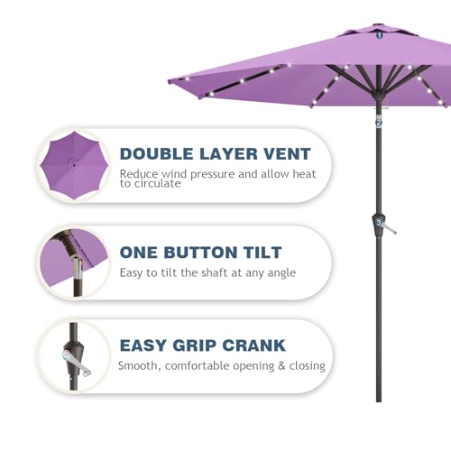 Image of 9FT Patio Umbrella with Solar Lights,Outdoor Market Umbrella with Tilt and Crank, LED Lighted Table Umbrella for Garden,Deck,Backyard,Pool,Beach (Taro Purple)