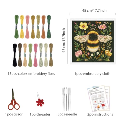 Image of FREEBLOSS 11CT Stamped Cross Stitch Kit for Adults Beginners with Instructions Bees and Floral Pattern Cross Stitch Wall Hanging Kit Embroidery Wall Art Decoration No Frame 18x18in
