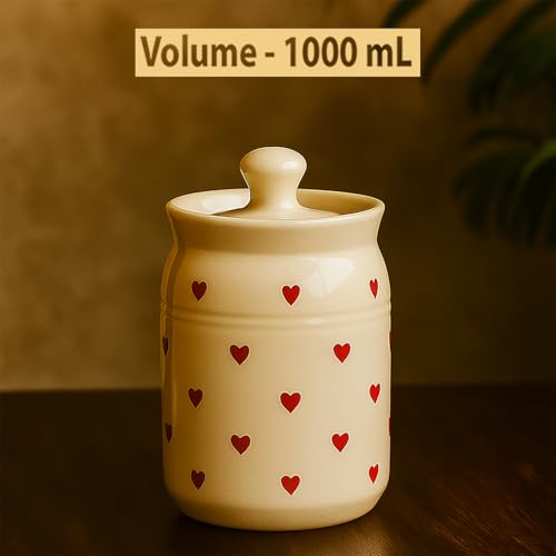 Image of D'Maiolica Ceramic 1000ml Handmade Pickle Jars (set of 2) | Handpainted Heart 1 kg Ceramic Storage Containers | Kitchen Jars for Salt (Set of 2) | Jars for Achar, Spices, Salt (Red HandPainted Heart)