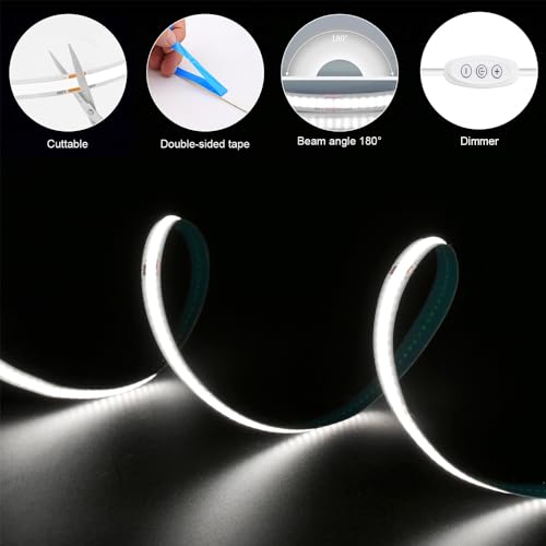 Image of USB Powered COB Led Strip Lights, 6.56Ft Battery Operated 6000K LED Strip Lights, High Brightness Flexible LED Tape Lights for Room, Cabinet, Bedroom, Kitchen, Party, Home DIY Indoor Deco
