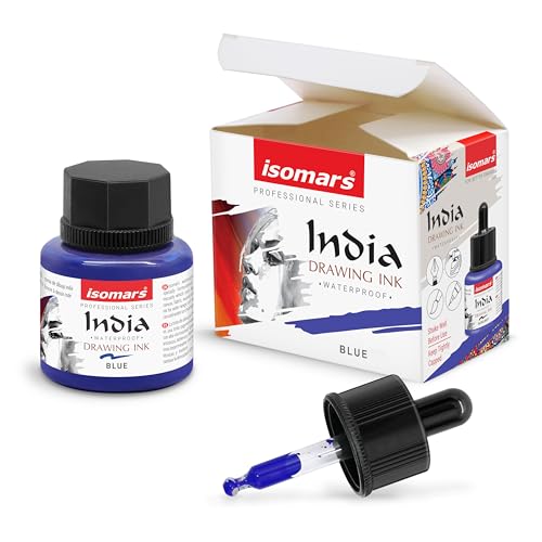 Image of Isomars Waterproof Drawing Ink with Dropper - 35ml | India Ink for Calligraphy, Art, Technical Drawing | Fade-Resistant & Quick-Drying (Blue)