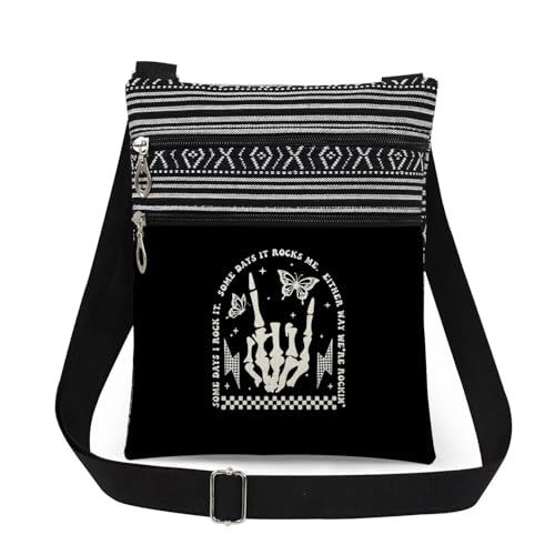 Skeleton Rock Hand Print Woman Crossbody Bag Adjustable Man Shoulder Bag with Zipper Edgy Gift for Concert Nights Unisex Birthdays Outdoor Travel Messenger Bags
