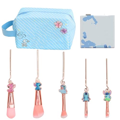 Trousse de Maquillage Stitch de Voyage Avec Pinceaux et Miroir - Cosmétiques Kawaii Portables - Cadeau Pour Fille et Femme (Style 2)