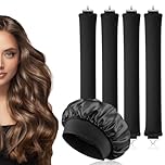 AOOWU 4PCS Heatless Curling Rods, Heatless Blowout Rods with Satin Silk Bonnet, Overnight No Heat Hair Rollers, Flexi Bars with Hooks, Heat Free Curling Iron for All Hair Types, Sleep DIY Hair Curls