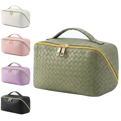 Large Capacity Makeup Bag, Woven Leather Cosmetic Case for Travel, Wide-Open Toiletry Bag for Women Toiletry Bag for Makeup Brushes & Beauty Essentials(Green)
