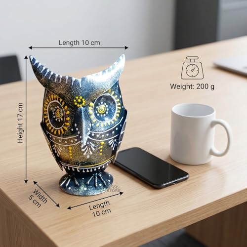 Image of Owl Showpiece Pen Holder Metal Table Decor Item, Antique Finish Bird Figurine for Corporate Bulk Gifting, Desk Organizer & Study Room Decoration (10x5x17 CM)