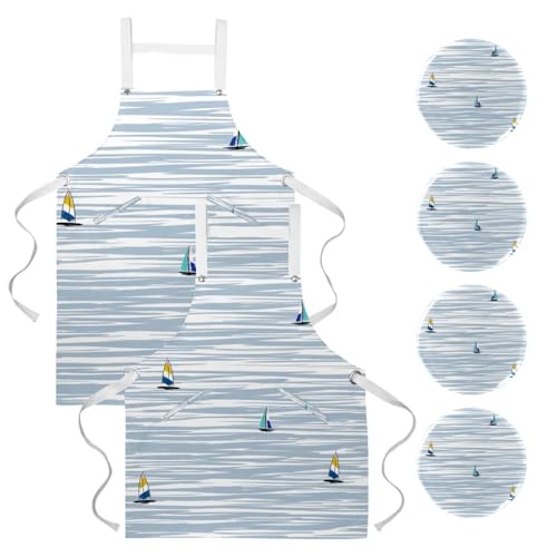 Tablier de cuisine lot de 2 réglable à motif océan multicolore Floatong avec 4 broches