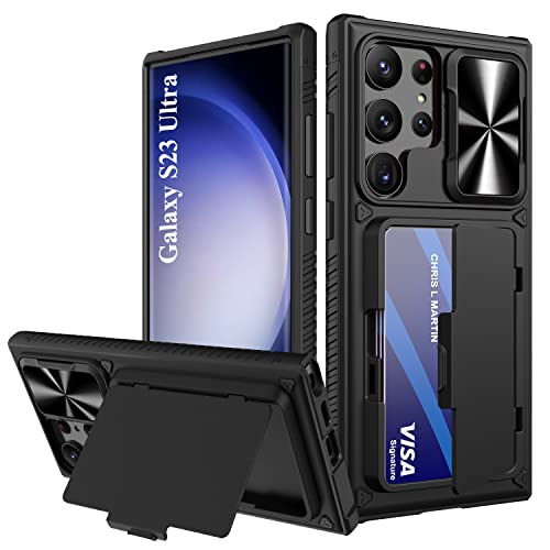 Bxyjy For Samsung Galaxy S23 Ultra Case With Card Holder & Kickstand & Slide Lens Cover, Anti-Drop Shockproof Dustproof Wallet Phone Case Cover Compatible With Galaxy S23 Ultra 5G 2023, Black #TOP7