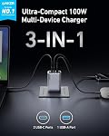 Anker Prime Chargeur, 100W 3-Port GaN USB C Bloc chargeur, pliable et compact pour MacBook, iPad, iPhone 17/iPhone Series, Galaxy S24/S23, et plus encore