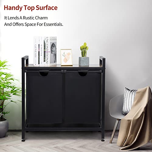 Dofasayi Laundry Basket, Double Laundry Hamper, Pull-Out And Removable Laundry Bags, Metal Frame, Oxford Fabric, Wooden Shelf, 2 X 50L, 29 X 13.8 X 29.13 Inches, Black #TOP5