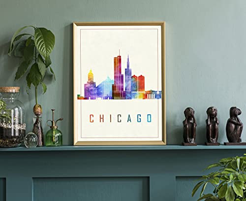 Modern Illustration Us Cities Poster, Chicago Poster, Chicago Landmarks Watercolor Poster, Illinois State Map, Chicago Cityscape Art Poster , Wall Art - 24*36 Inches #TOP2
