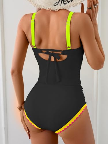 Image of Eomenie Tankini Swimsuit for Women Tummy Control Ruched Two Piece Bathing Suits High Waisted Shell Stitch Swimwear