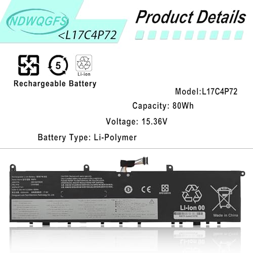 Image of L17C4P72 Laptop Battery Replacement for Lenovo ThinkPad X1 Extreme 1st /2nd Gen & ThinkPad P1 1st Gen /P1 Gen 2 | 15.36V 80WH | Compatible with L17M4P72, 01AY968, SB10Q76928