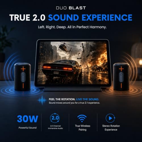 Image of ModishOmbre Duo Blast 30 W High-Output TWS Bluetooth Speaker | 2.0 DSP Tuned Audio | Dual 15W Dynamic Drivers | 10H Playtime | IPX5 Water Proof | TWS Stereo Pairing | TF /Aux Support | Built-in Mic