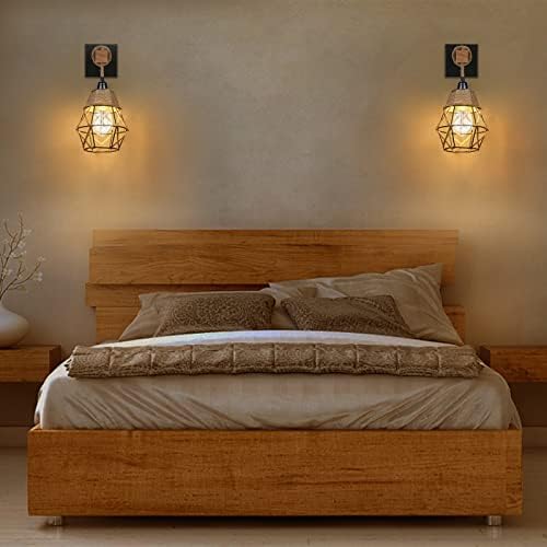 ENCOFT Industrial Wall Light Indoor, Retro Wooden Wall Lamp Dimmable with Switch, Industrial Wall Sconces E27 Base Plug in for Living Room, Bedroom, Lounge, Loft, Coffe, Wall Decor (Bulbs Included)