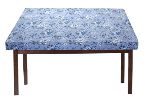 Image of The Furnishing Tree Elastic Cotton Square Dining Table Cover 44x44 in Inches Floral White Rose on Blue Base