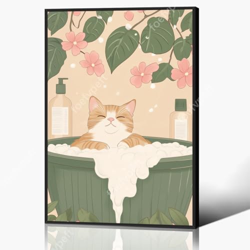 Anslipswar Stampa Artistica su Tela per Bagno con Gatto Soriano nella Vasca da Bagno, Fiori Rosa Neutri e Foglie Verdi, 30 x 40 cm