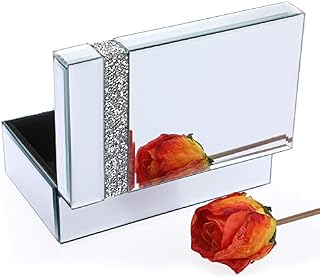 Tolida Mirrored Jewelry Box with Silver Crushed Diamonds, Glass Jewerly Box with Black Inner Velvet Necklaces Earrings Rings Storage Case for Dresser Desktop Party Brithday Gift, White Side Diamond