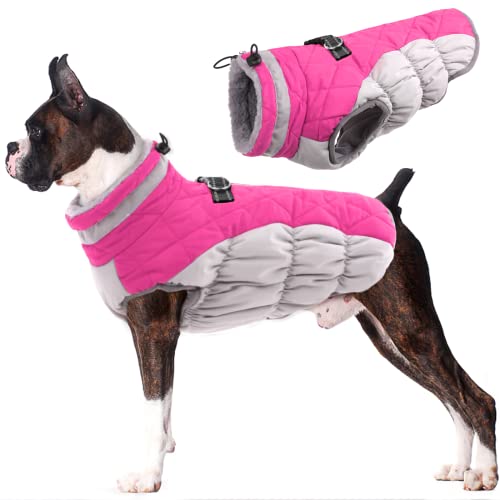Image of Lelepet Dog Coat Warm Dog Winter Coat Waterproof Dogs Jacket with Harness | Reflective Pet Fleece Vest Zip-Up Cold Weather Coats for Large Dogs Turtleneck & Windproof Padded Coats Boxer Rose Red XL