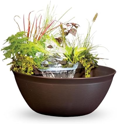 Aquascape AquaGarden Container Water Feature Kit – Indoor & Outdoor Mini Pond with Waterfall Fountain, Pump & Filtration for Home & Patio, Brown