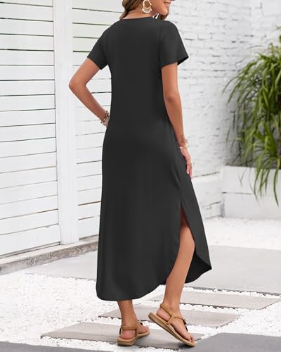 Image of MISFAY Women's Summer Maxi Dress 2026 Casual Short Sleeves V Neck Loose Sundress Split Long Beach T Shirt Dress