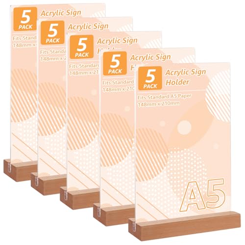 LDHHYH 5 unidades de expositores de mesa A5, A5, de madera, con base de madera, soporte de mesa en forma de T, soporte vertical de doble cara, soporte acrílico para restaurantes, oficina, cafetería