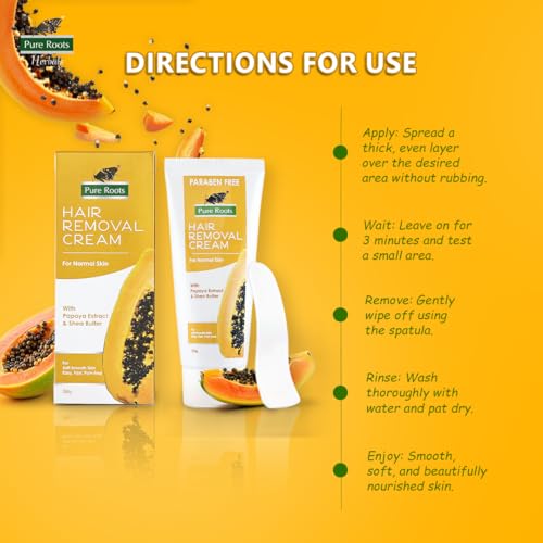 Image of Pure Roots Papaya Hair Removal Cream 50g Pack of 3, Enriched with Papaya Extract & Shea Butter, Painless, Easy and Effective Hair Removal Cream for Women and Men