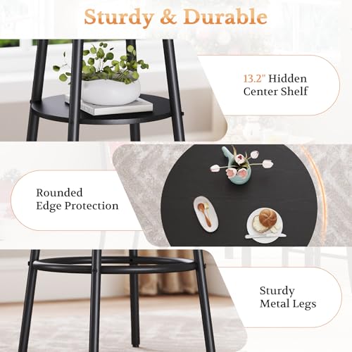 Kiivakii 3 Pieces Round Bar Table Set, Pub Table and Chairs Set of 2, Black Kitchen Bar Table with 2 Cushion Bar Stools & Backrest, Hidden Storage Rack for Dining Room, Bistro & Small Space, Black
