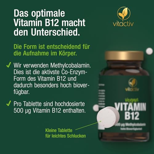 VITACTIV Vitamin B12 Tabletten Hochdosiert - 180 Stk für 180 Tage - Bioaktives Methylcolabamin, Vitamin B12 500µg - Hohe Bioverfügbarkeit, Vegan, kein Magnesiumstearat, Laborgeprüft in Deutschland