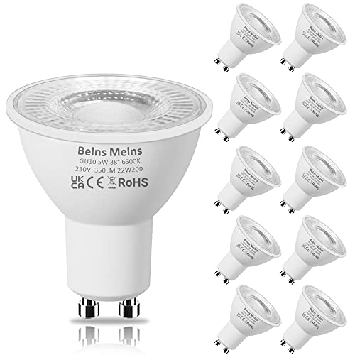 GU10 LED Bulbs, Cool White 6500K, 4.9W LED GU10 Spotlight Bulb, 50W Halogen Bulb Equivalent, 350LM 220-240V 38 Degree Narrow Beam Angle Non-dimmable - Pack of 10