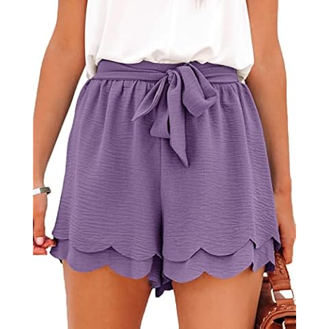Shorts for Women Layered Petals Bowknot Tie Waist Drawstring Casual Shorts with Pockets Purple Cover