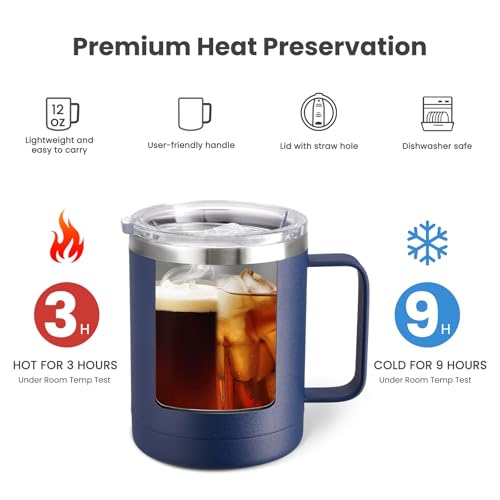 Image of MEWAY 12oz Coffee Mug With Handle and Sliding Lid,Stainless Steel Travel Tumbler Cup with Handle,Double Wall Vacuum Insulated Camping Cup for Hot & Cold Drinks Tea (Navy,Set of 1ia€