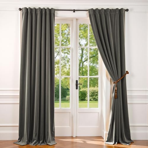 Image of Grey Velvet Curtains Modern Luxury Rod Pocket 62x108 Inch 2 Panels | Room Darkening, For Tall Windows & High Ceilings, Light Shifting Texture, Elegant Drape, Soft, Cozy