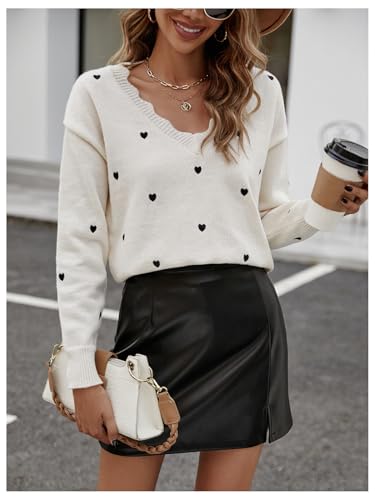Image of BEAUDRM Women's Heart Pattern V Neck Sweater Scallop Trim Long Sleeve Pullover Tops Beige Small