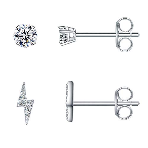 Sterling Silver Stud Earrings for Women Girls- Hypoallergenic Small CZ Simulated Diamond Earrings Dainty Halo, Lightning Bolt, Moon Cubic Zirconia Earring Set