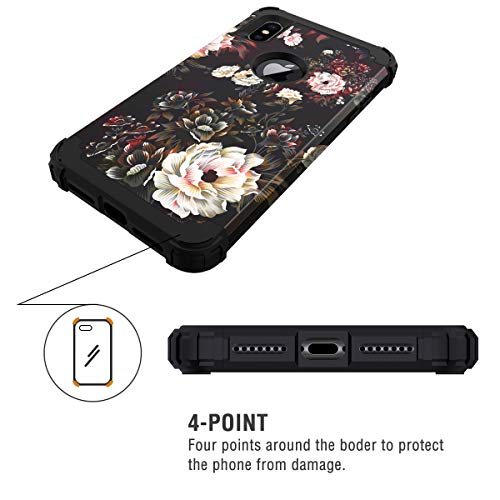 Lontect Compatible Iphone Xs Max Case Floral 3 In 1 Heavy Duty Hybrid Sturdy High Impact Shockproof Protective Cover Case For Apple Iphone Xs Max 6.5 Display, Flower/Black #TOP6