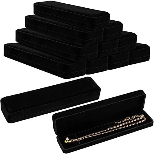 Junkin 12 Pieces Velvet Black Necklace Jewelry Gift Box Rectangle Bracelet Watch Chain Display Case Small Long Travel Jewelry Case for Men Women Wedding Engagement, 8.7 x 2.2 x 1.2 Inch
