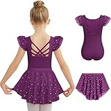 Zaclotre Ballet Leotards for Girls Toddler Ruffle Sleeve Crisscross Back Dance Dress Outfit with Removable Skirt Combo Dark Purple