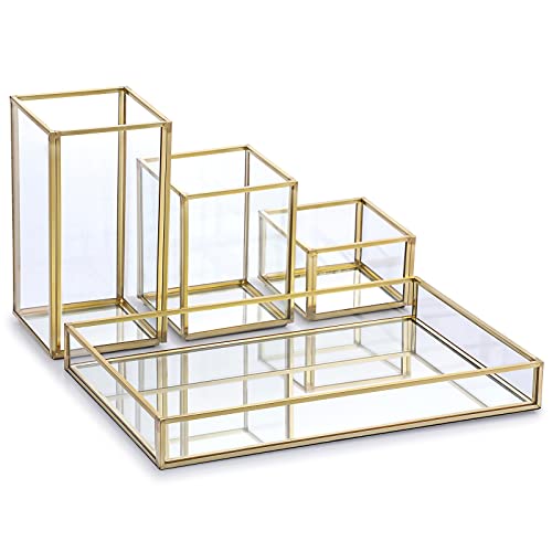 Hipiwe Set of 4 Glass Mirror Tray with Stackable Makeup Brush Holder - Gold Jewelry Trinket & Vanity Tray Perfume & Cosmetic Brush Organizer Pen & Pencil Holder for Dresser Bathroom Office